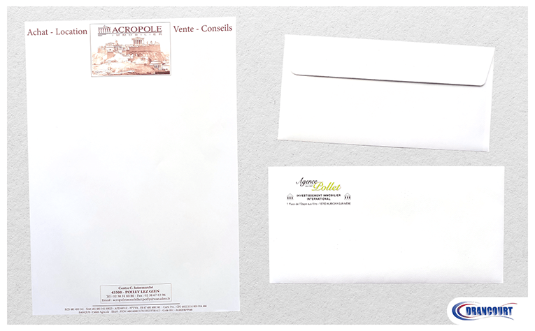 Enveloppes Agence Polet et papier à en-tête Acropole Immobilier