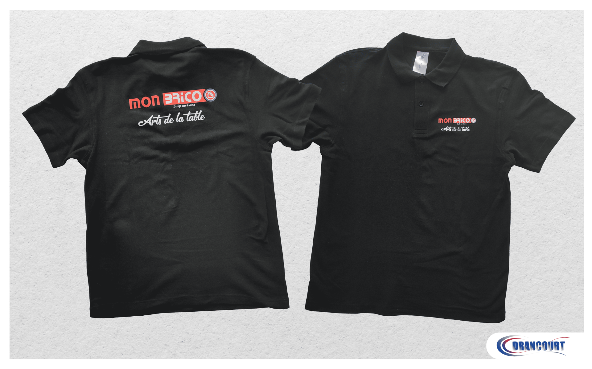 Vêtements personnalisés : Polos noirs avec le logo "Mon Brico Sully-sur-Loire"