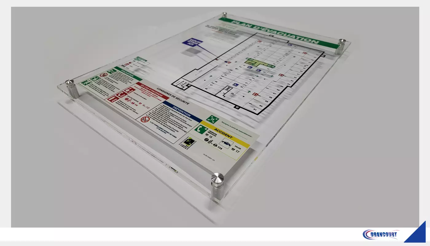 Plan d'evacuation. Plexiglass Société Moreau