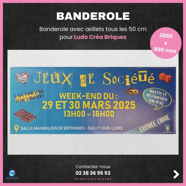 Réalisation d’une banderole de 2000 x 800 mm et de panneaux alvéolaires de 300 x 400 mm avec œillets pour le weekend Jeux de société organisé par 𝗟𝘂𝗱𝗼 𝗖𝗿𝗲́𝗮 𝗕𝗿𝗶𝗾𝘂𝗲𝘀.🎲🃏

Faites connaître vos événements en optant pour des supports de communication grands formats, tels que des banderoles et panneaux personnalisés, afin d’améliorer votre visibilité ! ✨

Découvrez les avantages des banderoles publicitaires dans notre article de blog : ➡️https://www.blog.drancourt-communication.com/2025/03/14/banderoles-publicitaires-pour-une-visibilite-maximale/ 

Merci à 𝗟𝘂𝗱𝗼 𝗖𝗿𝗲́𝗮 𝗕𝗿𝗶𝗾𝘂𝗲𝘀 pour sa confiance. 🙏

Contactez-nous : ☎️ 02 38 36 95 53

#DrancourtCommunication #Communication #CommunicationVisuelle #Graphisme #Entrepriselocale #Entreprise #Évènement #EntrepriseFrançaise #SullySurLoire #CentreValDeLoire #SupportsCommunication #Banderole #Panneau #Signalétique