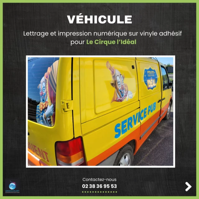 Personnalisation du véhicule publicitaire du 𝗖𝗶𝗿𝗾𝘂𝗲 𝗹'𝗜𝗱𝗲́𝗮𝗹 en lettrage et impression numérique sur vinyle adhésif 🔊🎪

🎪 Faites tourner les têtes grâce au flocage de véhicule ! 🚐✨

Vous cherchez un moyen simple, efficace et visuel pour attirer l’attention sur votre cirque ? ✨
✔️ Visibilité maximale sur la route
✔️ Publicité mobile 24h/24
✔️ Image professionnelle et marquante
✔️ Attire petits et grands dès le premier regard

Votre camion devient une affiche géante qui roule partout où vous allez !
🎟️ Ne passez plus inaperçu, faites rayonner votre cirque à chaque kilomètre !
📞 Contactez-nous pour un flocage personnalisé, coloré et 100 % dans l’esprit du spectacle ! ☎️ 02 38 36 95 53

Merci au 𝗖𝗶𝗿𝗾𝘂𝗲 𝗹'𝗜𝗱𝗲́𝗮𝗹 pour sa confiance. 🙏

#DrancourtCommunication #Communication #CommunicationVisuelle #Graphisme #Entrepriselocale #Entreprise #Évènement #EntrepriseFrançaise #SullySurLoire #CentreValDeLoire #SupportsCommunication #Véhicule #HabillageVéhicule #Automobile #Cirque #Flocage #Personnalisation #Camion #Voiture